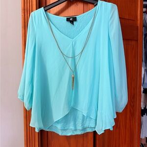 Iz Byer Aqua V-Neck Layered Chiffon Tunic with Gold-Tone Necklace